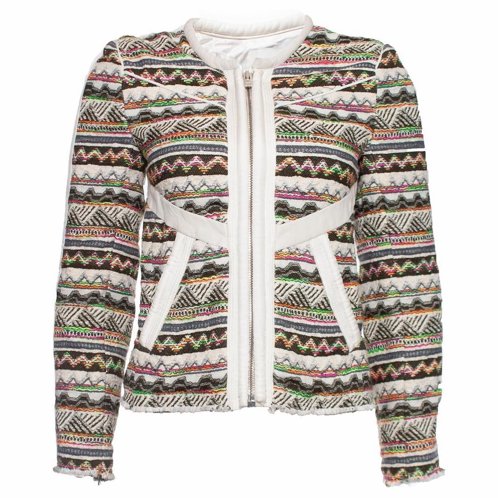 IRO Elomi Multicolor Silk Lined Trim Aztec White Leather Trim Full Zip Jacket 0